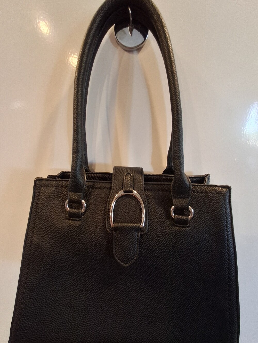 Source Unknown Black Structured Shoulder Bag with Silver Buckle